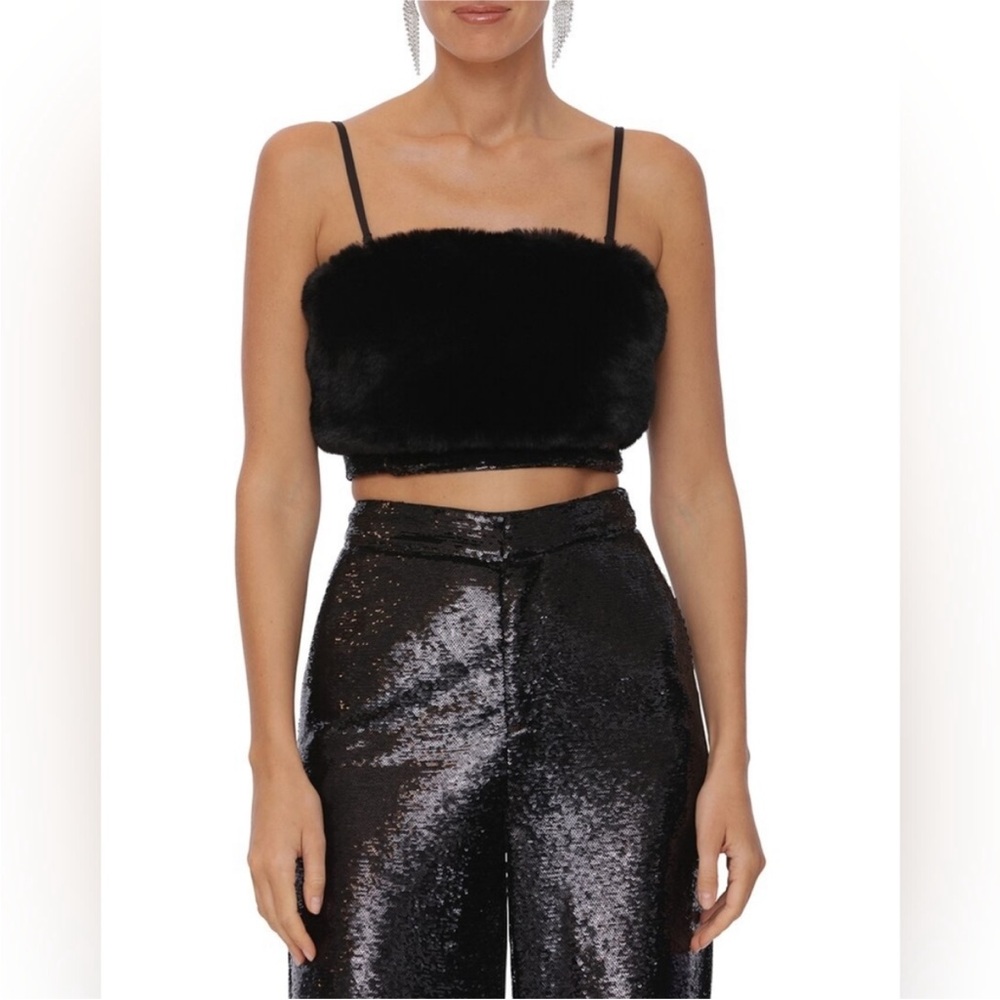 AVEC LES FILLES BLACK FAUX FUR SEQUIN CROPPED TOP XS NWT